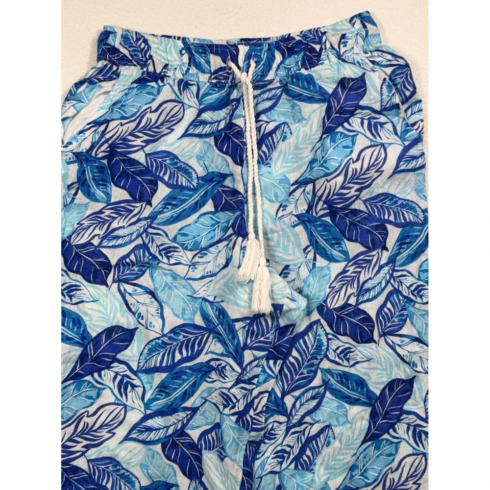 Sigrid Olsen Linen Tropical Leaf Pants Womens L Blue White Elastic Waist Tassel